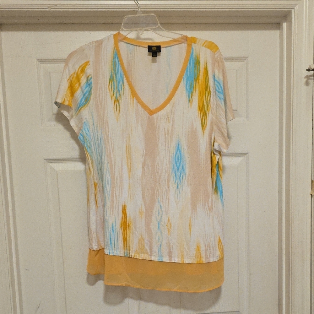 JM Collection Relaxed Ribbed Cap Sleeve Blouse in Blue and Orange